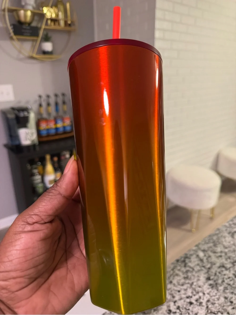 Starbucks Iridescent Orange and Gold Stainless Steel Tumbler with Red Straw